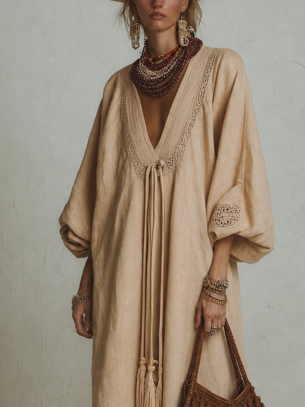 Light Khaki Linen Blend Lace Deep V Maxi Dress