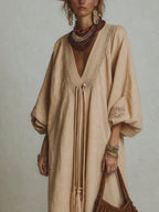 Light Khaki Linen Blend Lace Deep V Maxi Dress