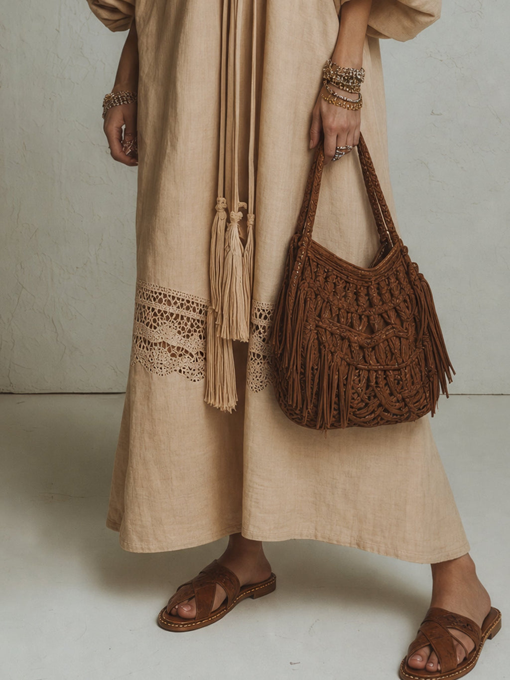 Light Khaki Linen Blend Lace Deep V Maxi Dress