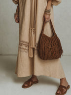 Light Khaki Linen Blend Lace Deep V Maxi Dress