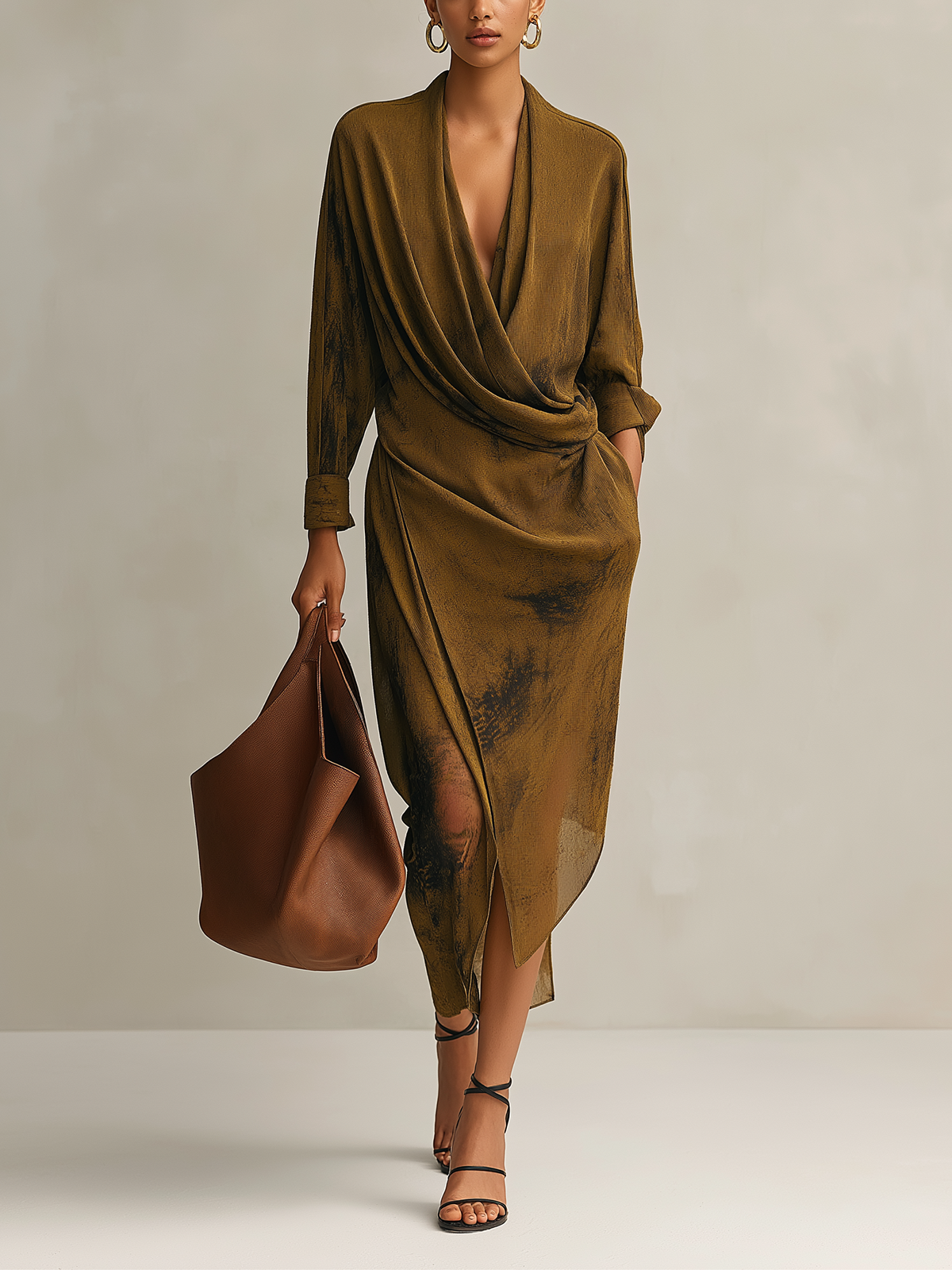 Olive Brown Draped Surplice Midi Dress
