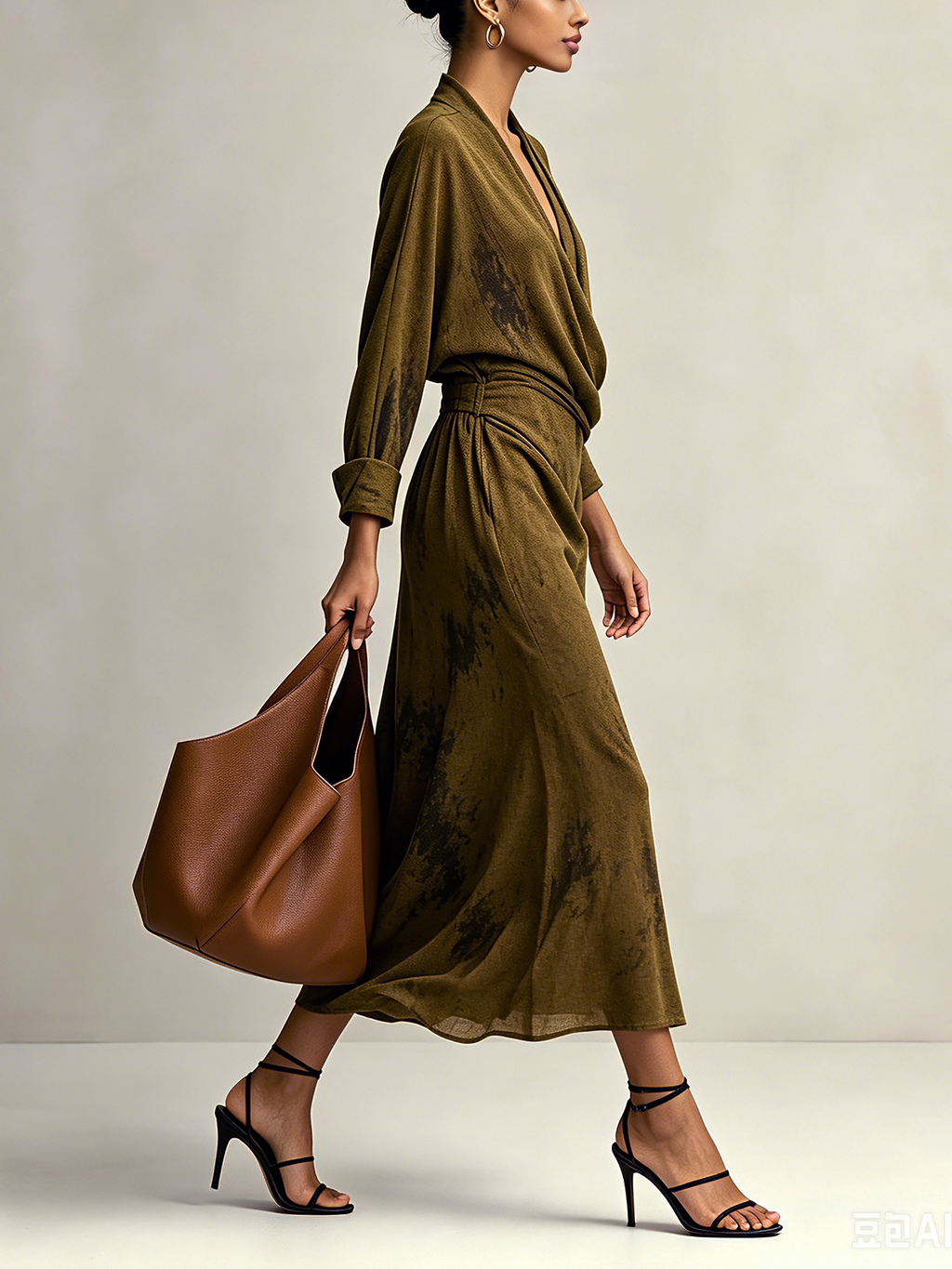 Olive Brown Draped Surplice Midi Dress