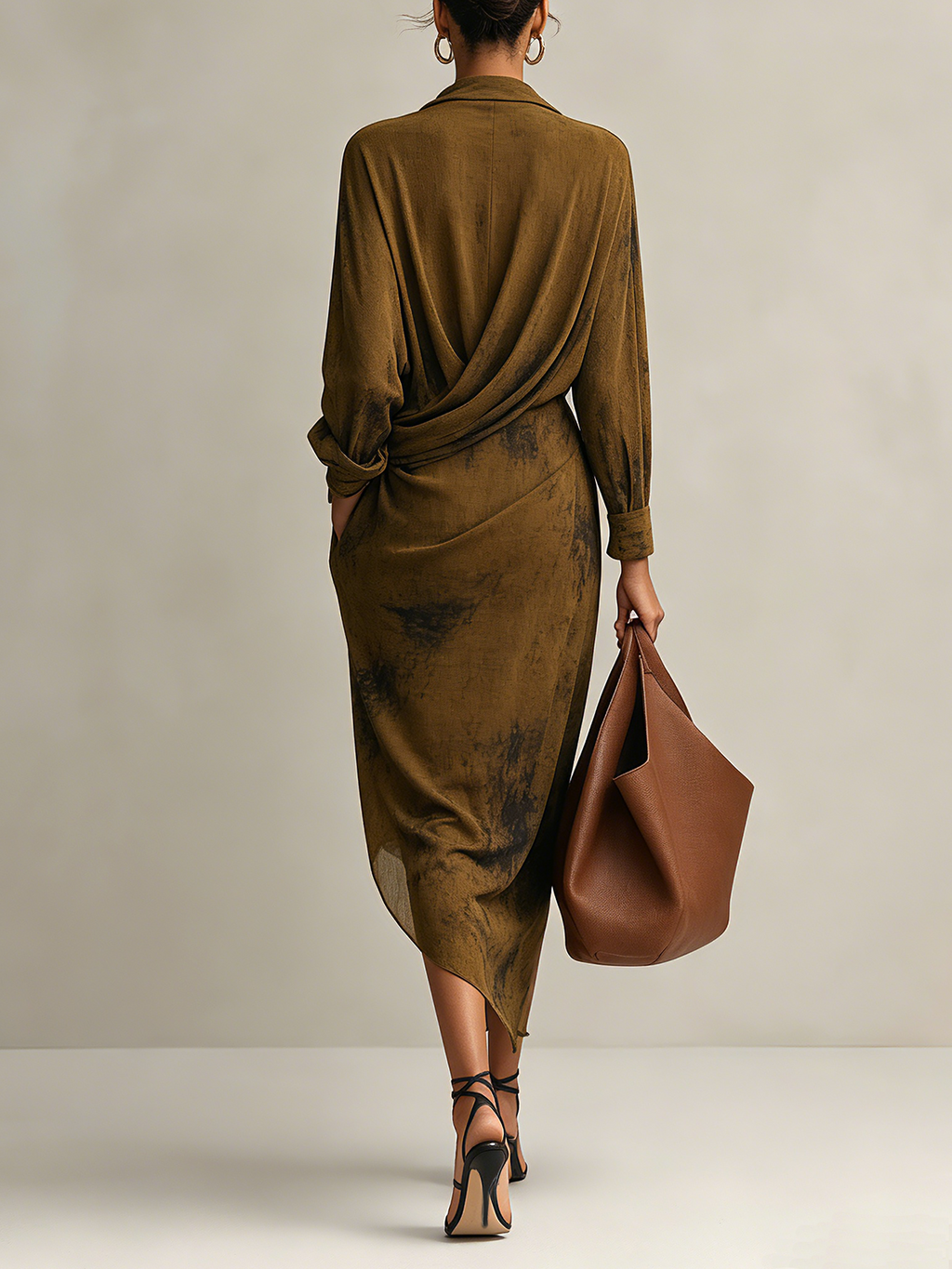 Olive Brown Draped Surplice Midi Dress