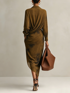 Olive Brown Draped Surplice Midi Dress