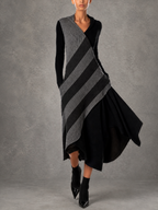 Black And Gray Asymmetrical Stripe Draped Midi Dress