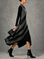 Black And Gray Asymmetrical Stripe Draped Midi Dress