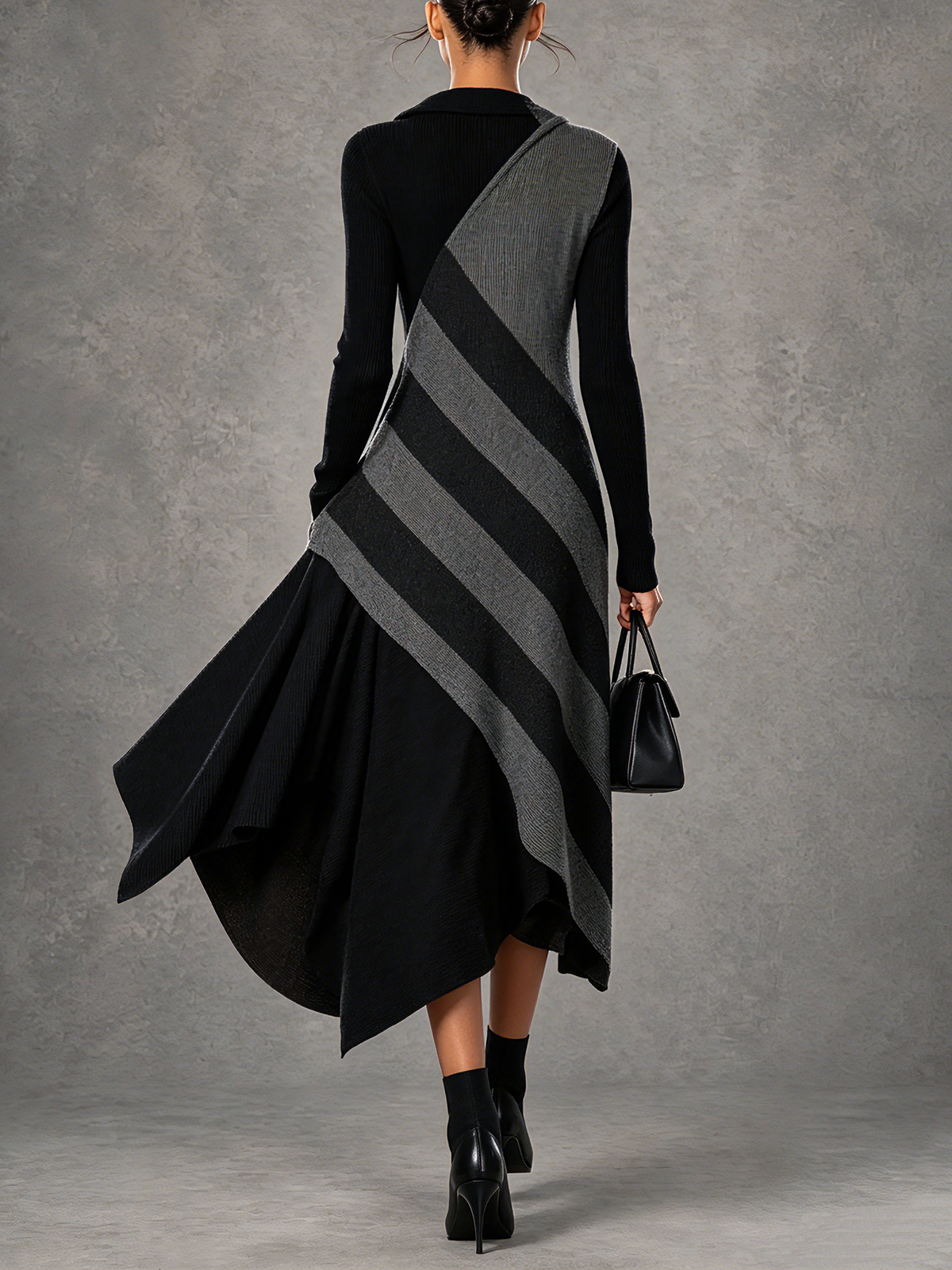 Black And Gray Asymmetrical Stripe Draped Midi Dress