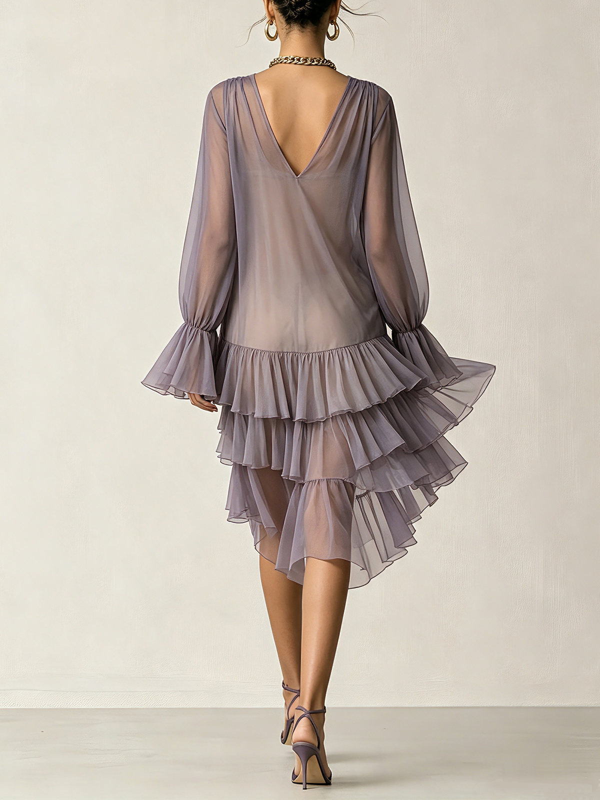 Dusty Lavender Chiffon Ruffle Hem Asymmetrical Mini Dress