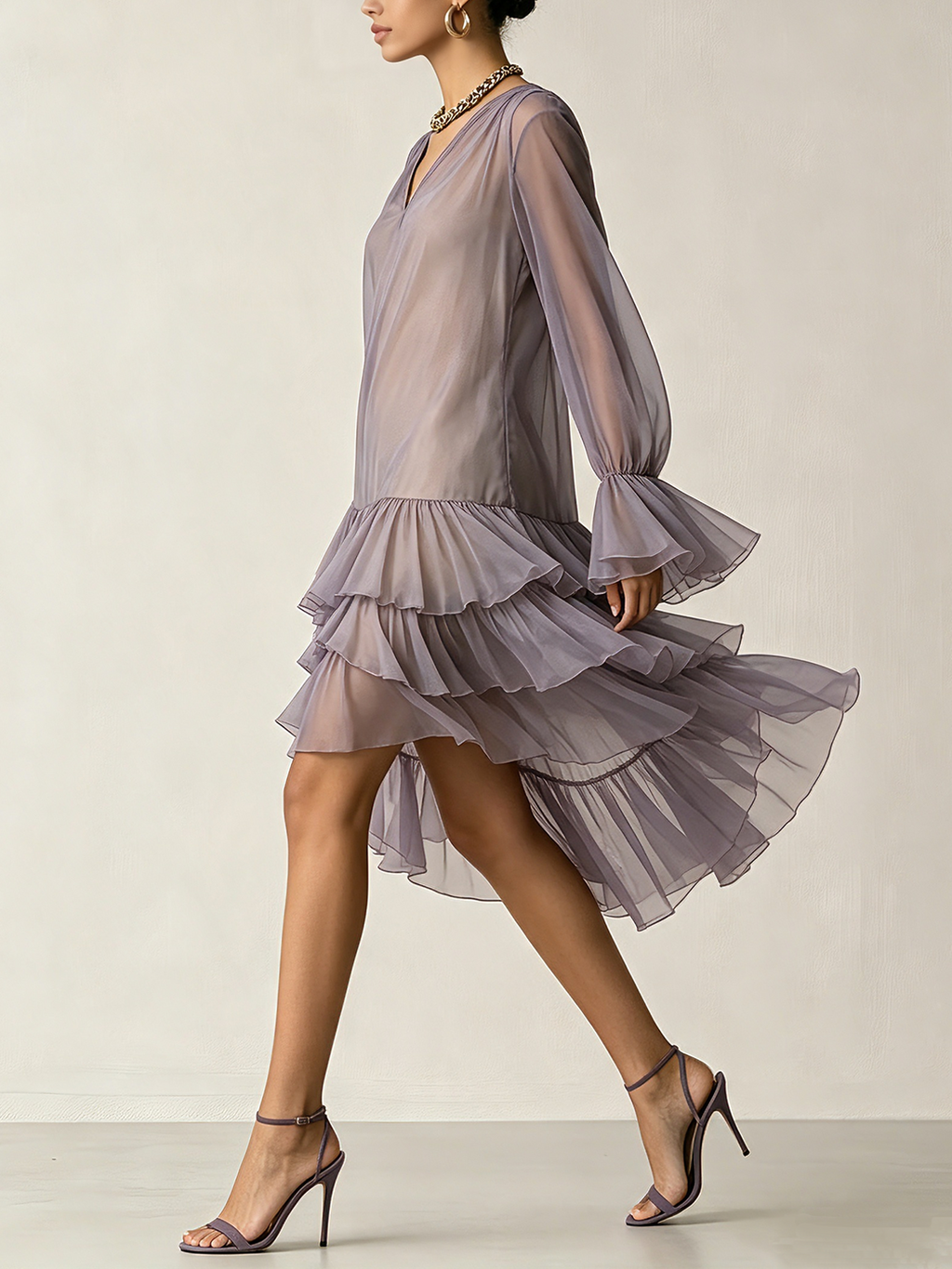 Dusty Lavender Chiffon Ruffle Hem Asymmetrical Mini Dress