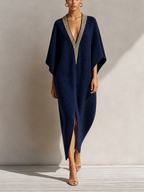 Navy Blue Embellished Deep V-Neck Caftan Midi Dress