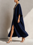 Navy Blue Embellished Deep V-Neck Caftan Midi Dress