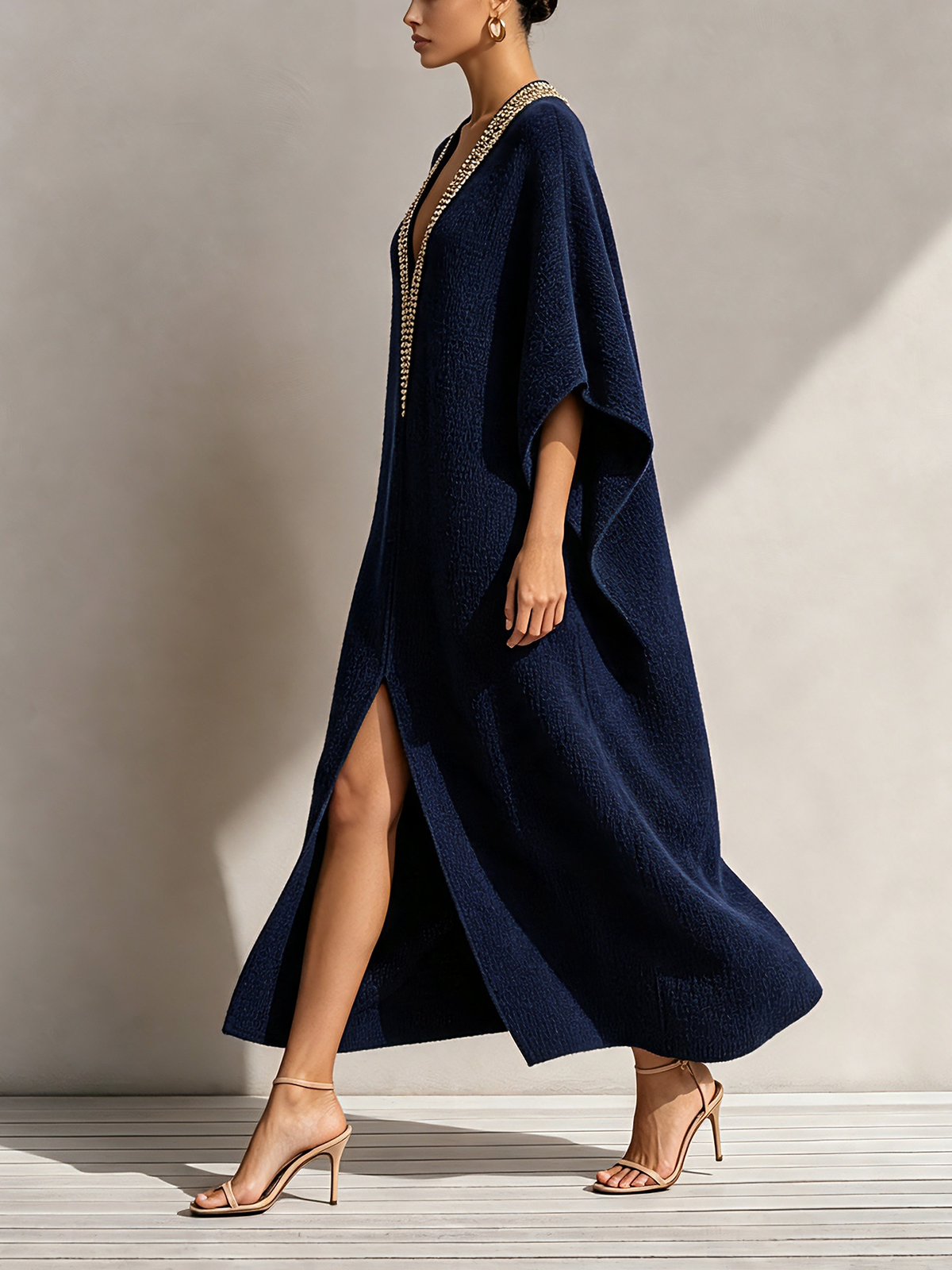 Navy Blue Embellished Deep V-Neck Caftan Midi Dress