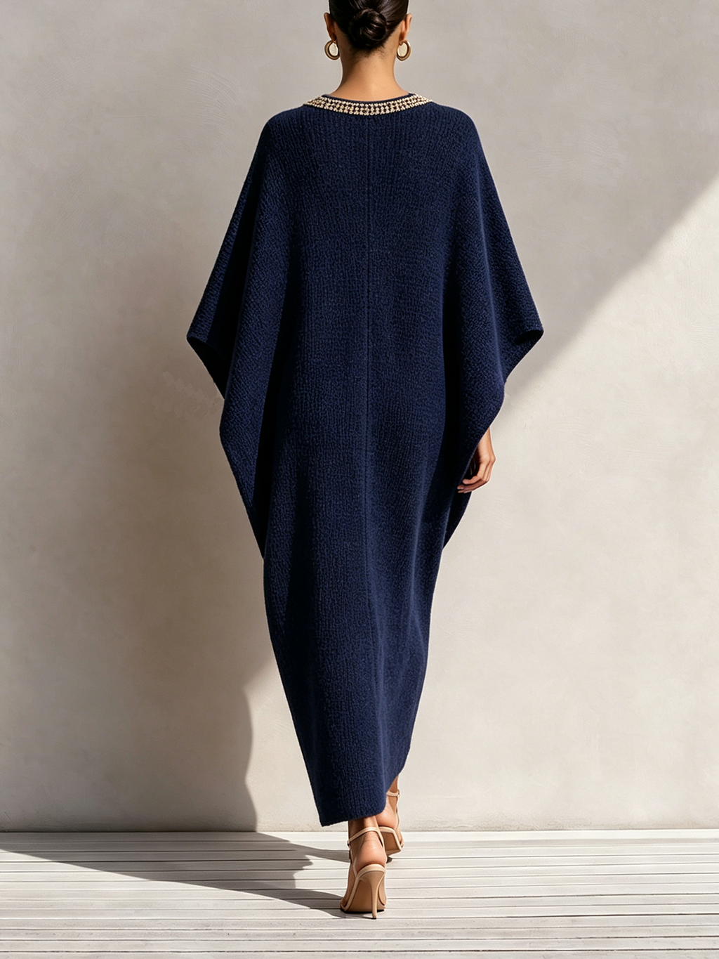 Navy Blue Embellished Deep V-Neck Caftan Midi Dress