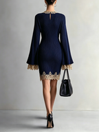 Navy Blue Lace Trim Deep V Mini Dress