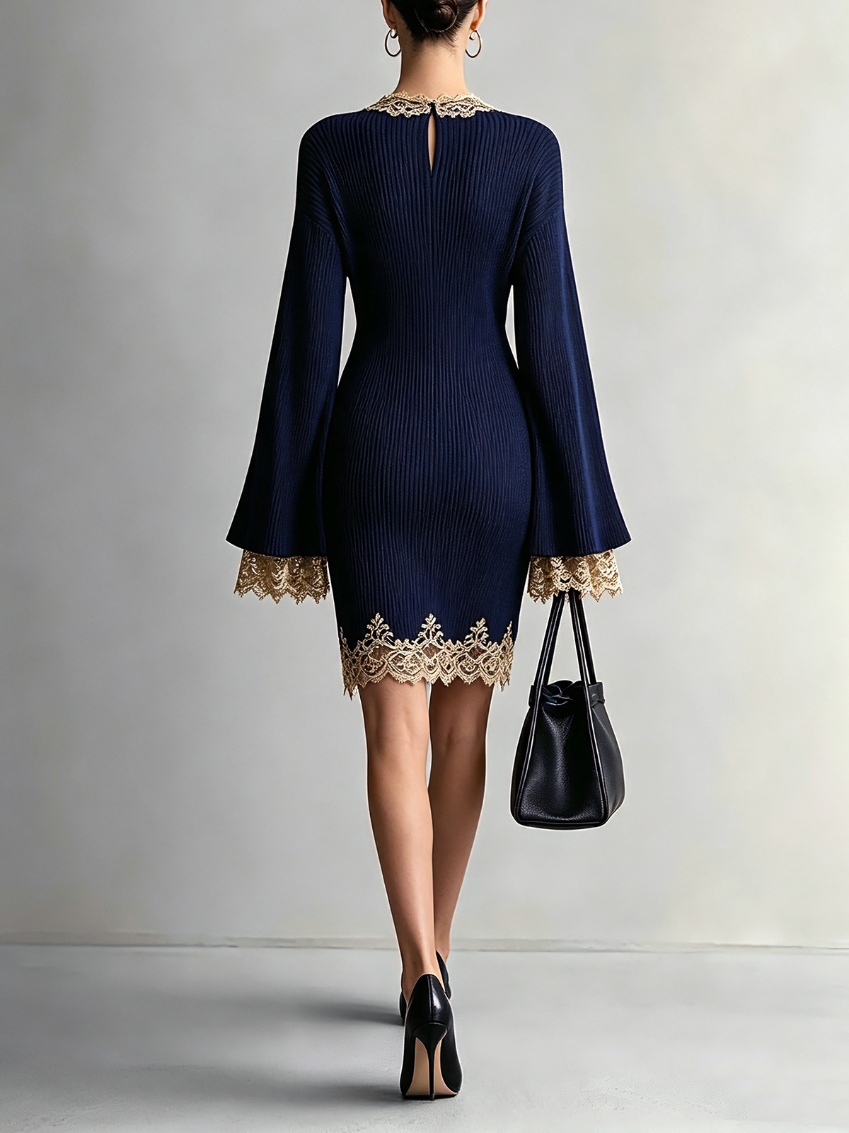 Navy Blue Lace Trim Deep V Mini Dress