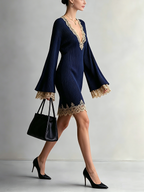 Navy Blue Lace Trim Deep V Mini Dress