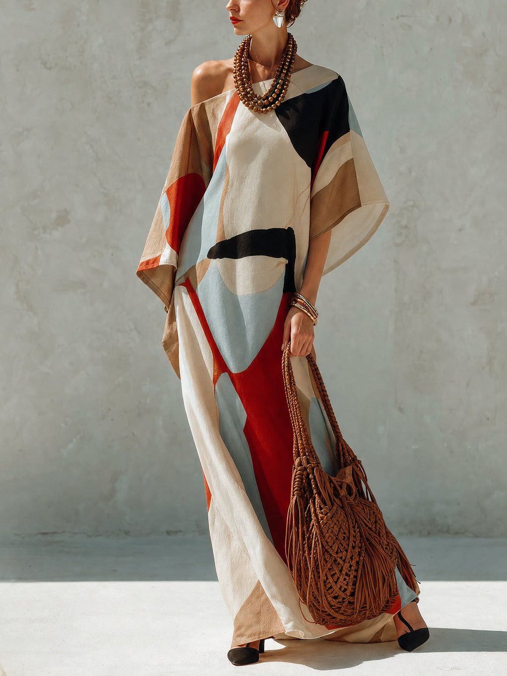 Multicolor Cotton Linen Blend Off Shoulder Maxi Dress
