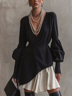 Black And White Deep V-Neck Knit Mini Dress