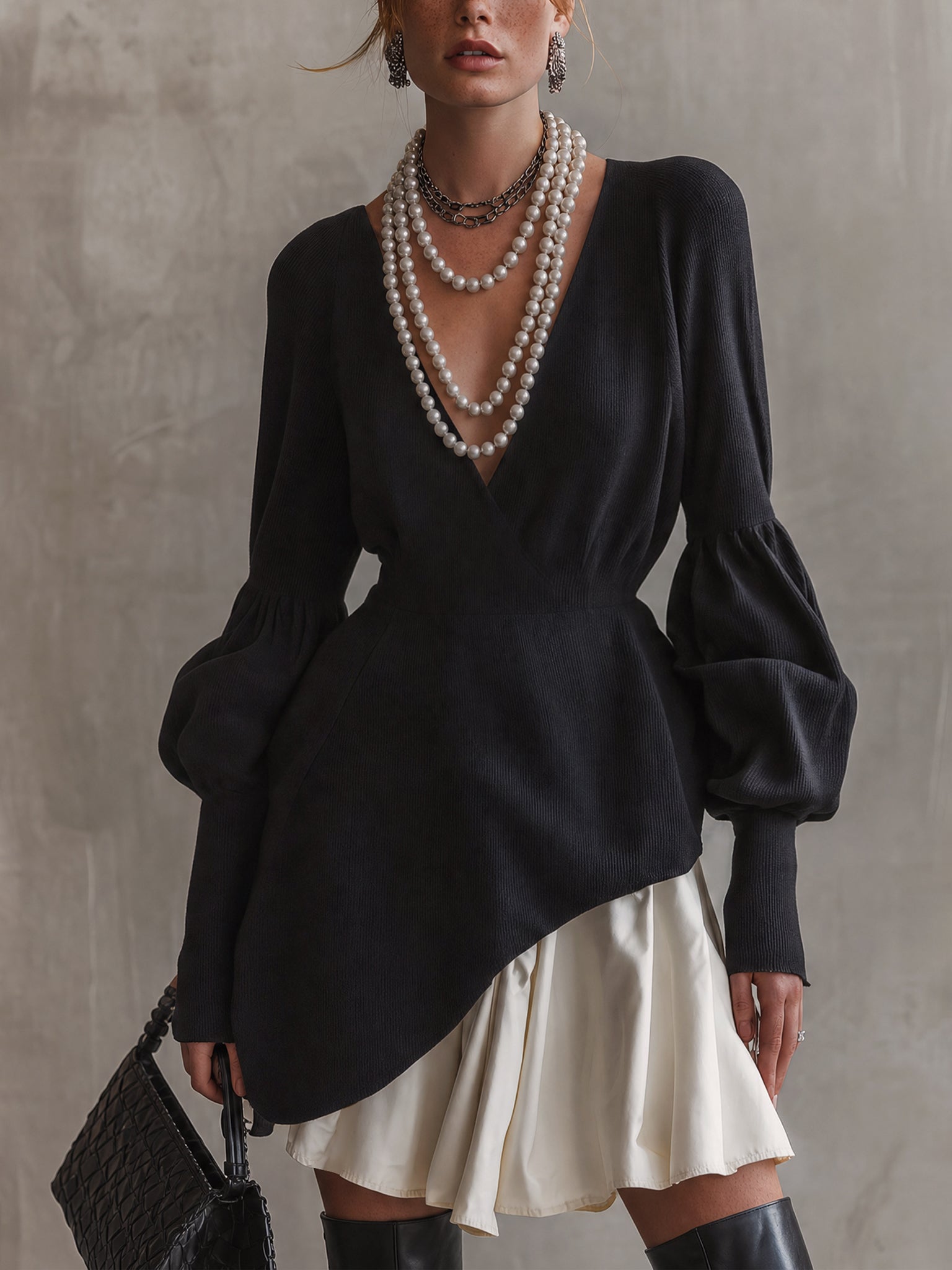 Black And White Deep V-Neck Knit Mini Dress