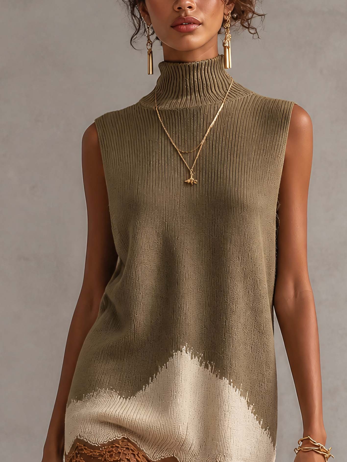Taupe Sleeveless Knit Mini Dress With Contrast Lace Hem