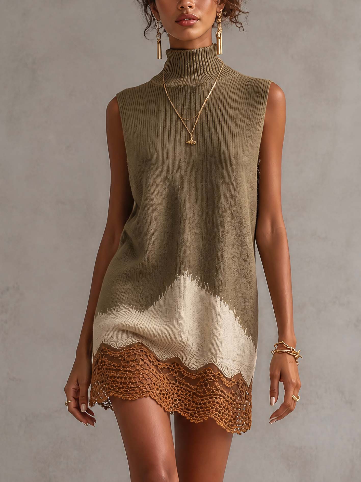 Taupe Sleeveless Knit Mini Dress With Contrast Lace Hem