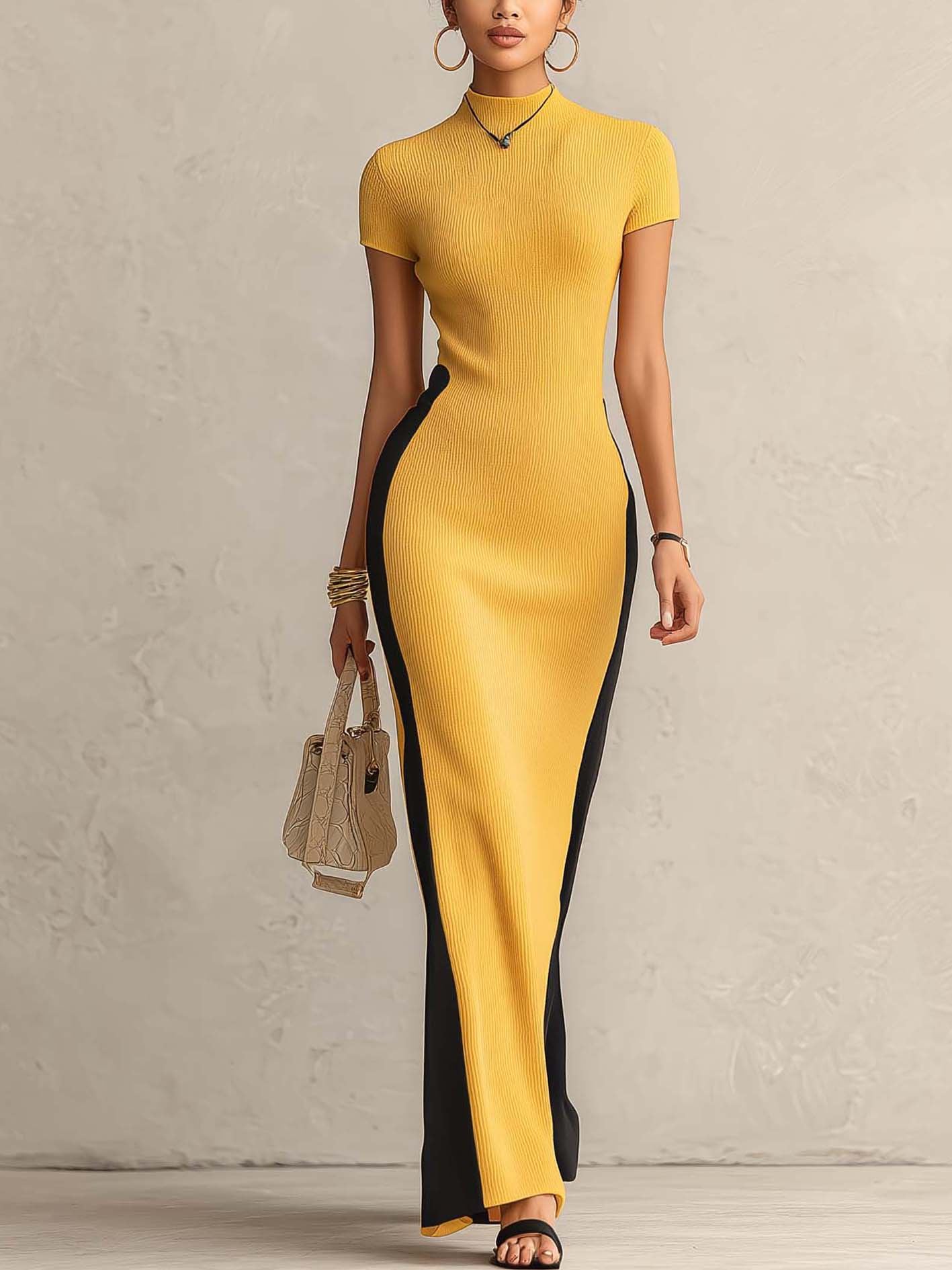 Mustard And Black Color Block Ribbed Knit Bodycon Maxi Dress