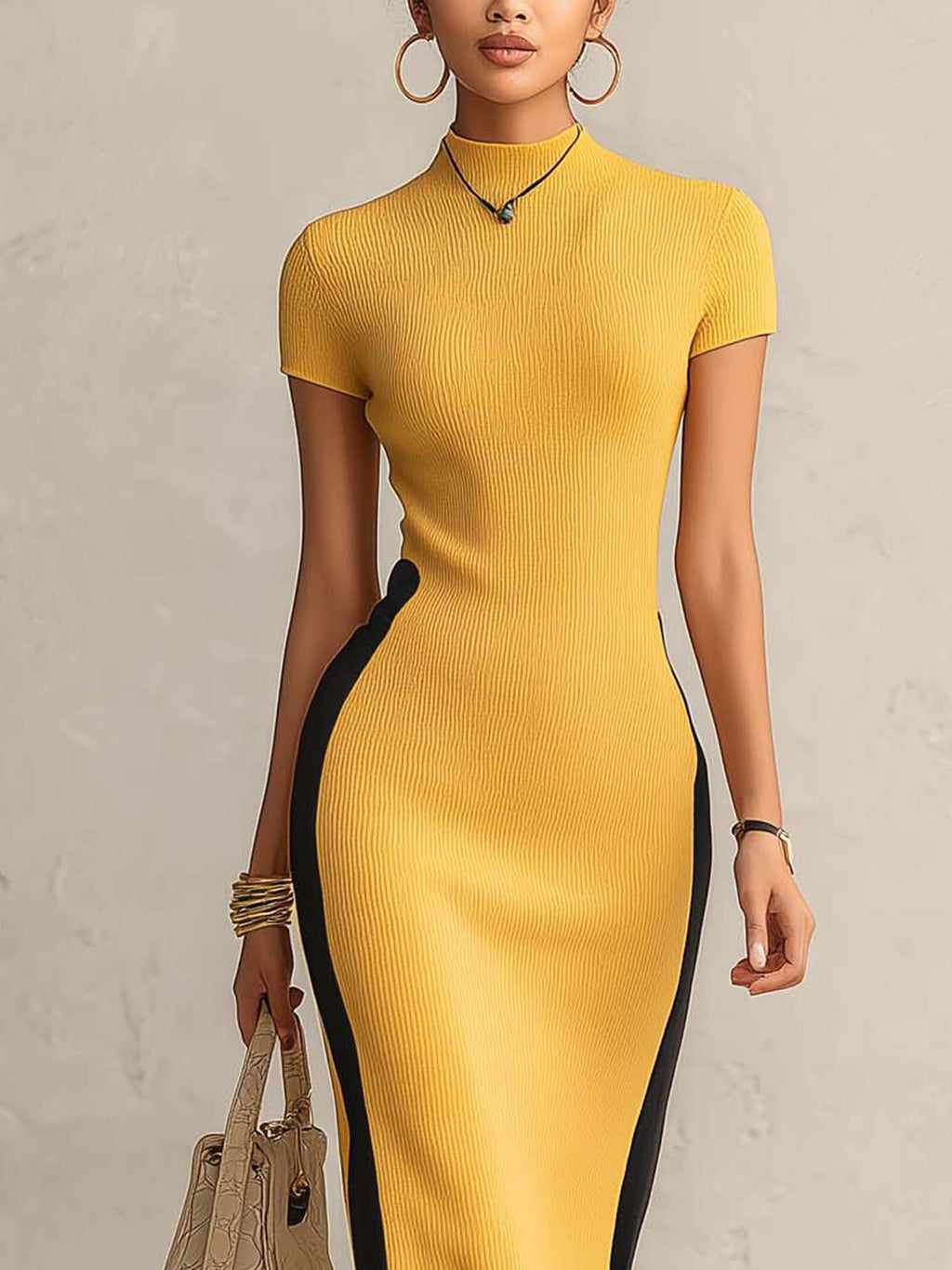 Mustard And Black Color Block Ribbed Knit Bodycon Maxi Dress