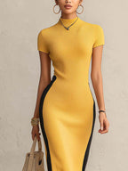 Mustard And Black Color Block Ribbed Knit Bodycon Maxi Dress