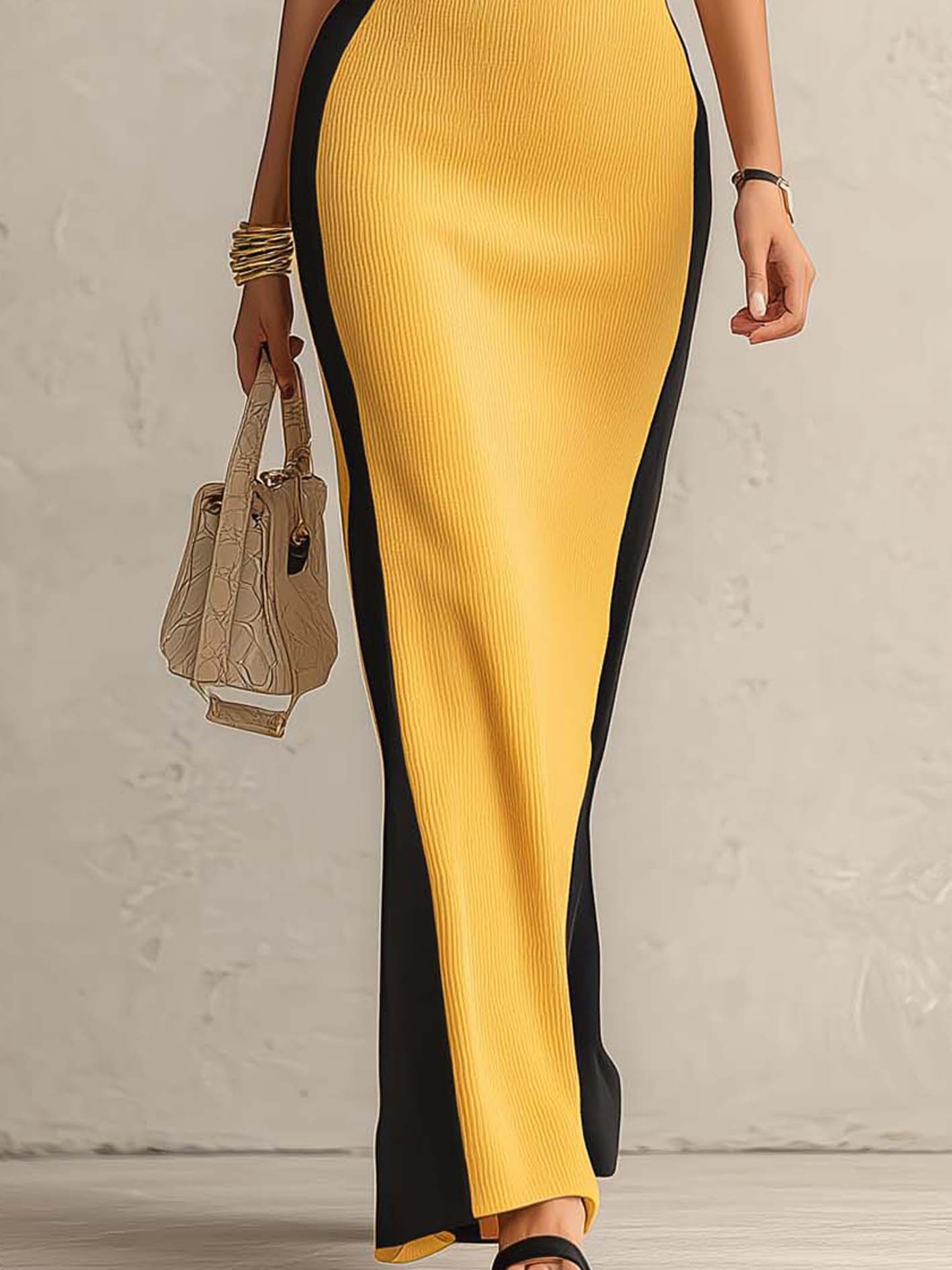 Mustard And Black Color Block Ribbed Knit Bodycon Maxi Dress
