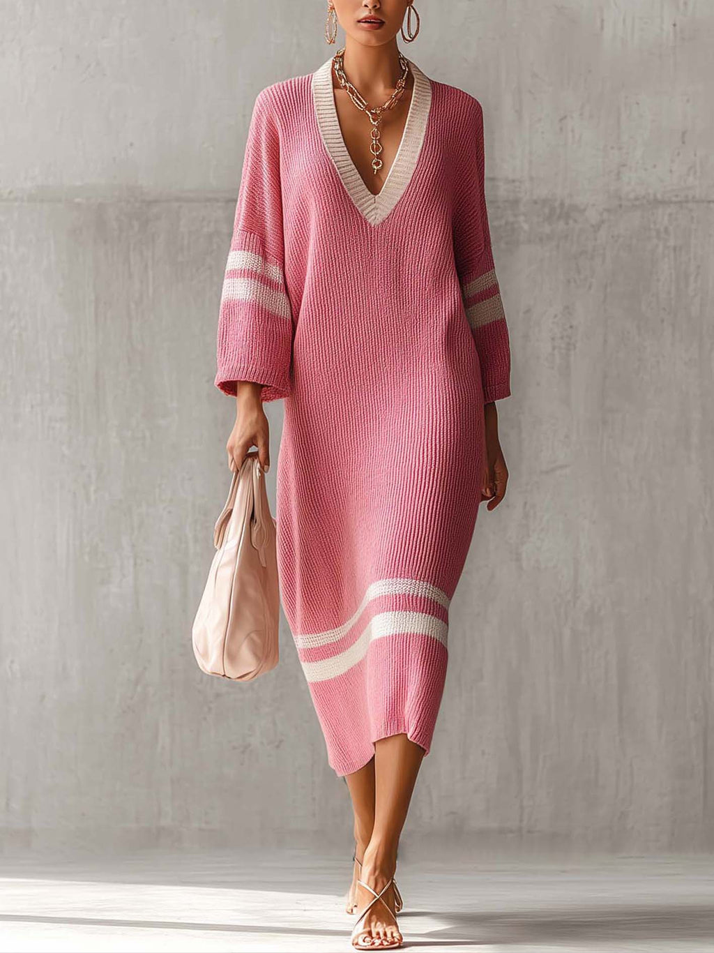 Pink V-Neck Stripe Trim Knit Maxi Dress