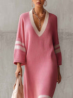 Pink V-Neck Stripe Trim Knit Maxi Dress