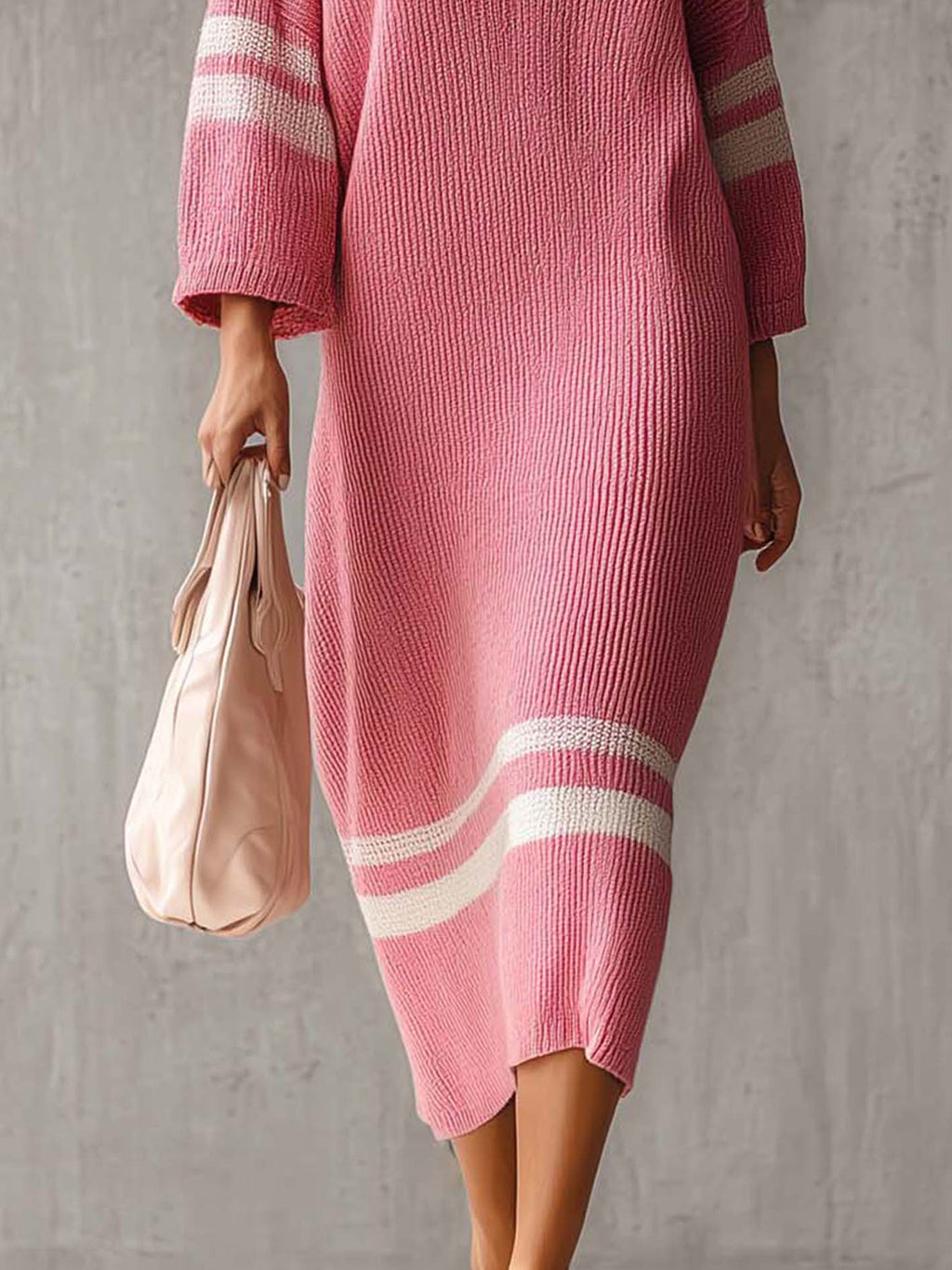 Pink V-Neck Stripe Trim Knit Maxi Dress