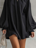 Black Embroidered Ruffle Hem Mini Dress With Balloon Sleeves