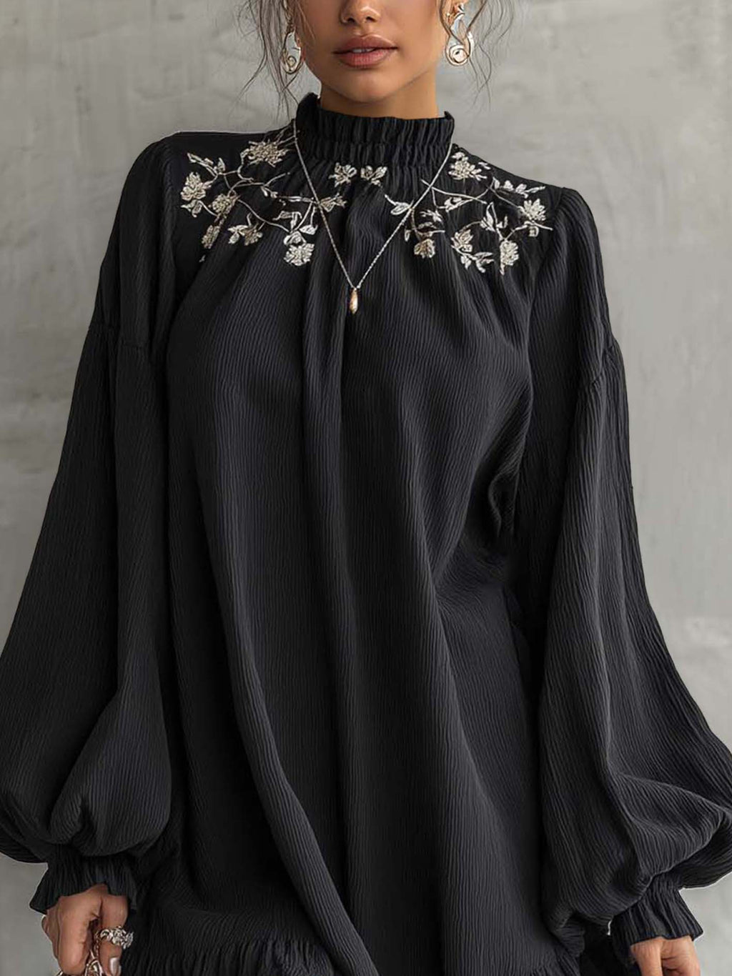Black Embroidered Ruffle Hem Mini Dress With Balloon Sleeves
