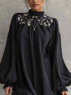 Black Embroidered Ruffle Hem Mini Dress With Balloon Sleeves