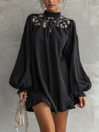 Black Embroidered Ruffle Hem Mini Dress With Balloon Sleeves