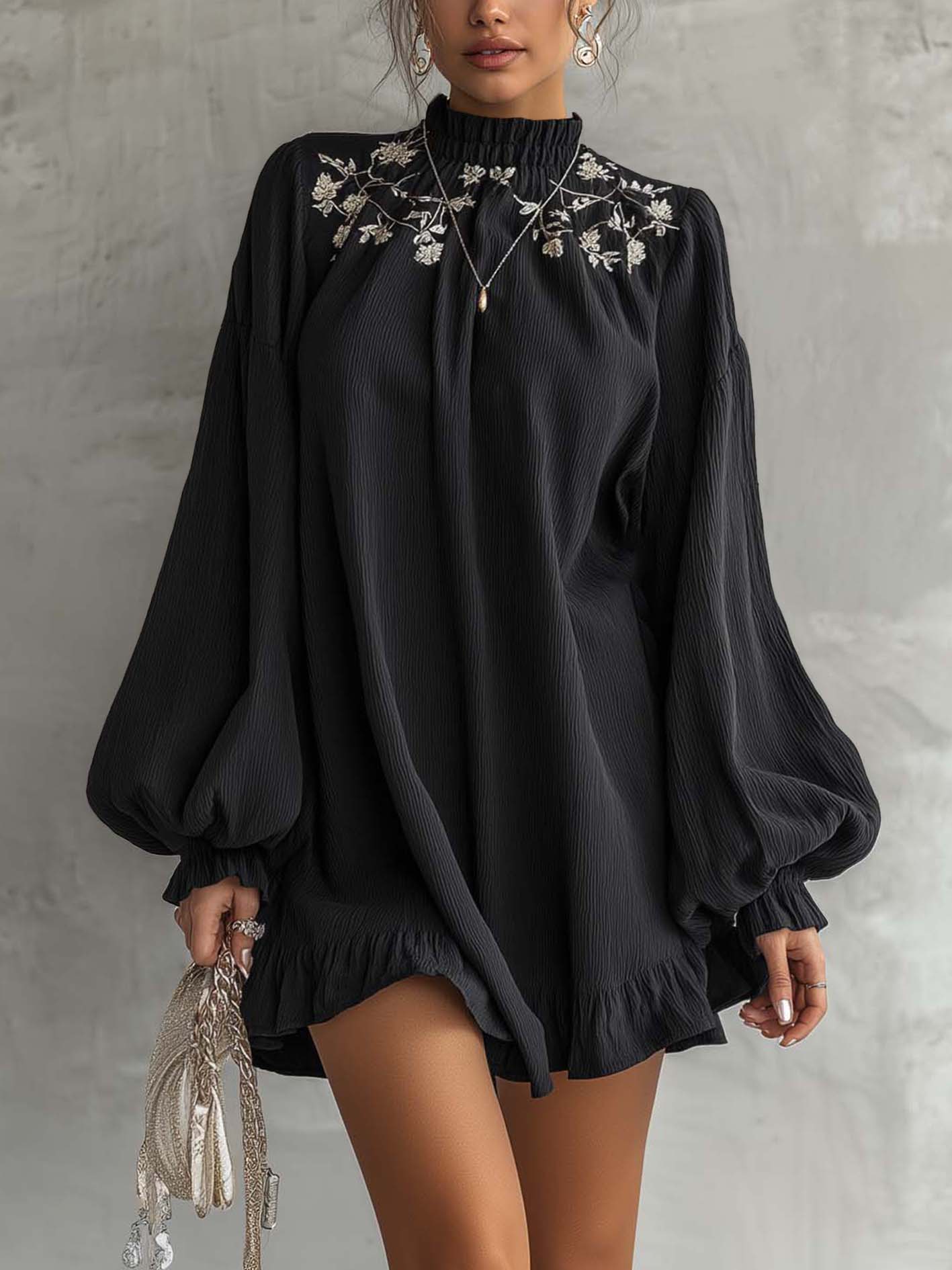 Black Embroidered Ruffle Hem Mini Dress With Balloon Sleeves