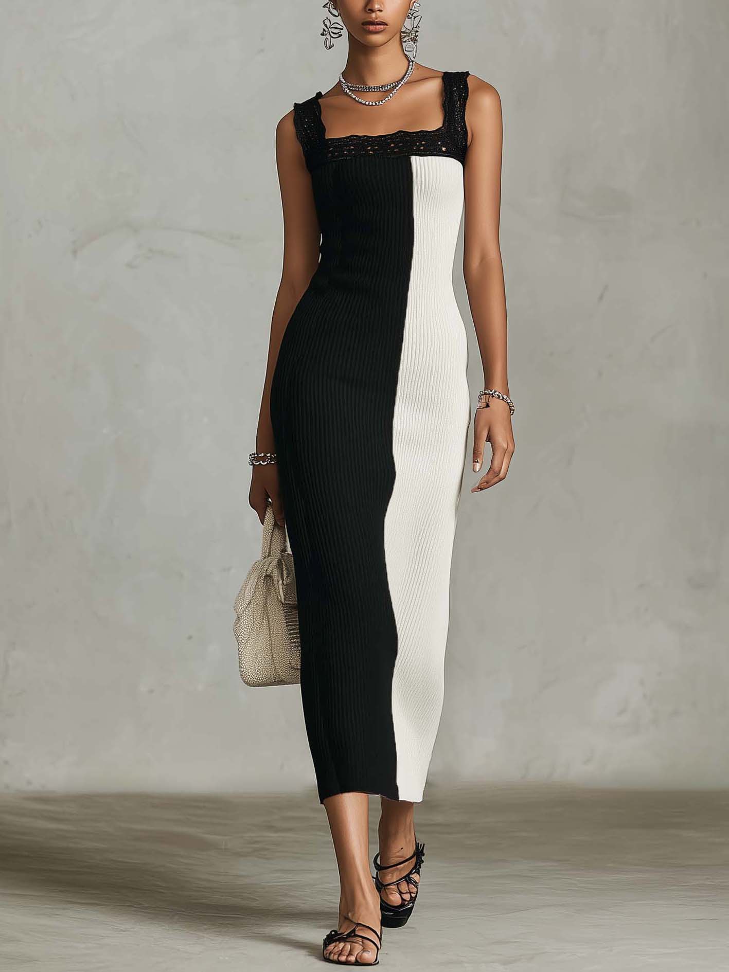 Black And White Color Block Ribbed Knit Bodycon Midi Dress