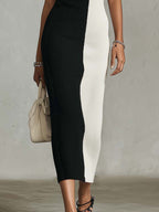 Black And White Color Block Ribbed Knit Bodycon Midi Dress