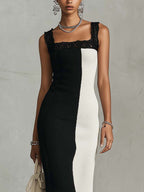 Black And White Color Block Ribbed Knit Bodycon Midi Dress