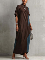 Brown And Teal Color Block Linen Blend Maxi Dress With Pockets