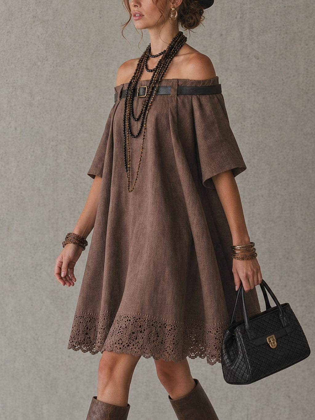 Brown Linen Blend Off Shoulder Mini Dress With Belt