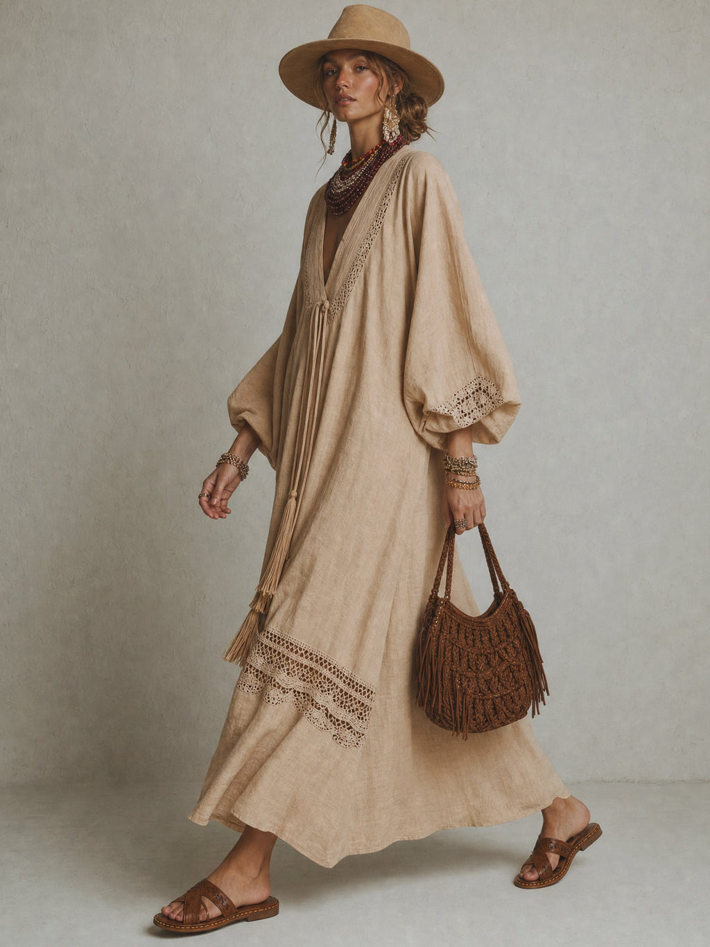 Light Khaki Linen Blend Lace Deep V Maxi Dress