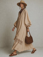 Light Khaki Linen Blend Lace Deep V Maxi Dress