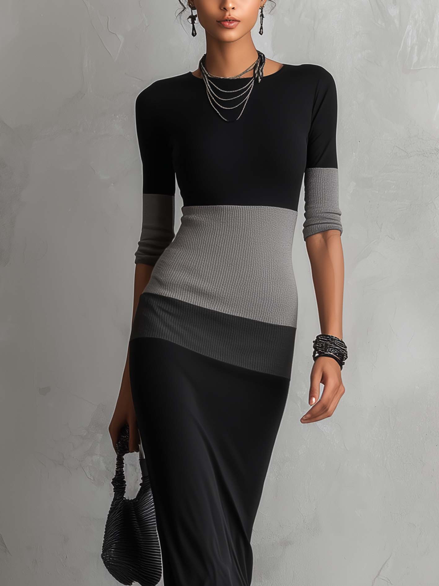 Black And Gray Color Block Bodycon Maxi Dress