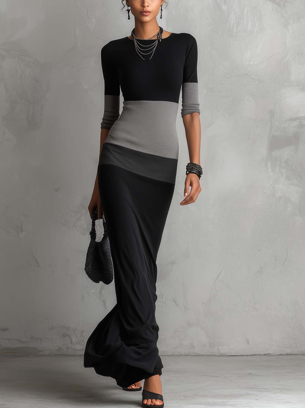 Black And Gray Color Block Bodycon Maxi Dress