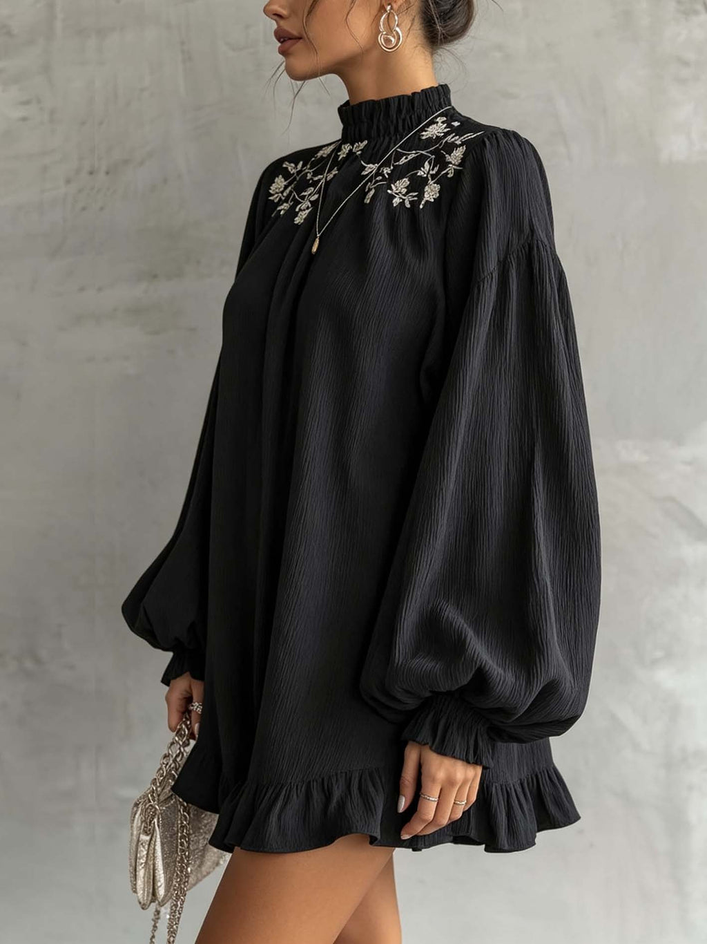 Black Embroidered Ruffle Hem Mini Dress With Balloon Sleeves