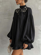Black Embroidered Ruffle Hem Mini Dress With Balloon Sleeves