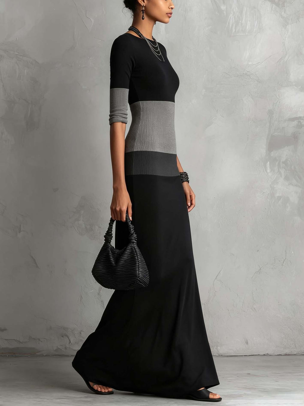 Black And Gray Color Block Bodycon Maxi Dress