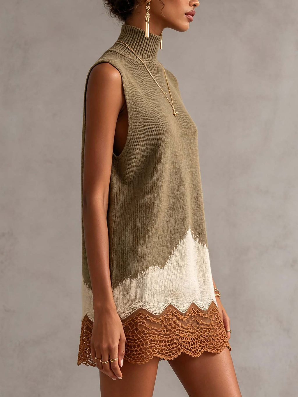 Taupe Sleeveless Knit Mini Dress With Contrast Lace Hem